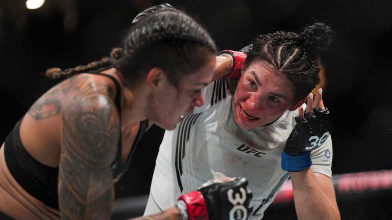 Irene Aldana, back right, and Amanda Nunes fight during a UFC 289 women&#39;s bantamweight title bout, in Vancouver, British Columbia, on Saturday, June 10, 2023. (Darryl Dyck/The Canadian Press via AP)