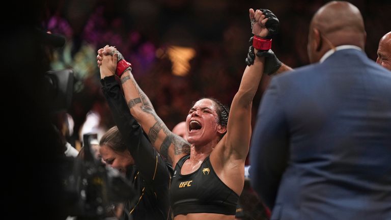 Amanda Nunes celebrates after defeating Irene Aldana during a UFC 289 women&#39;s bantamweight title bout, in Vancouver, British Columbia, on Saturday, June 10, 2023. (Darryl Dyck/The Canadian Press via AP)