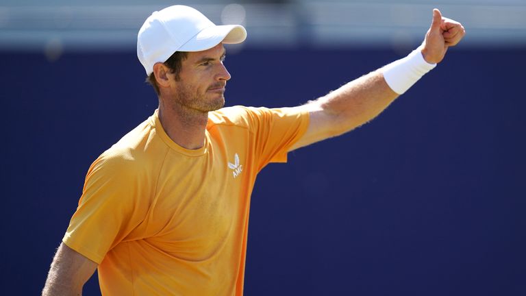 Great Britain's Andy Murray celebrate victory in the Men's Singles Round of 32 match against South Korea's Chung Hyeon on Centre Court during day one of the 2023 Lexus Surbiton Trophy at Surbiton Racket and Fitness Club, London. Picture date: Monday June 5, 2023.