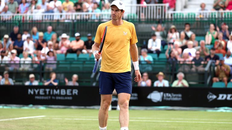 Andy Murray reacts during his quarter finals match against Dominic Stephan Stricker on day five of the Rothesay Open 2023 at the Nottingham Tennis Centre. Picture date: Friday June 16, 2023.