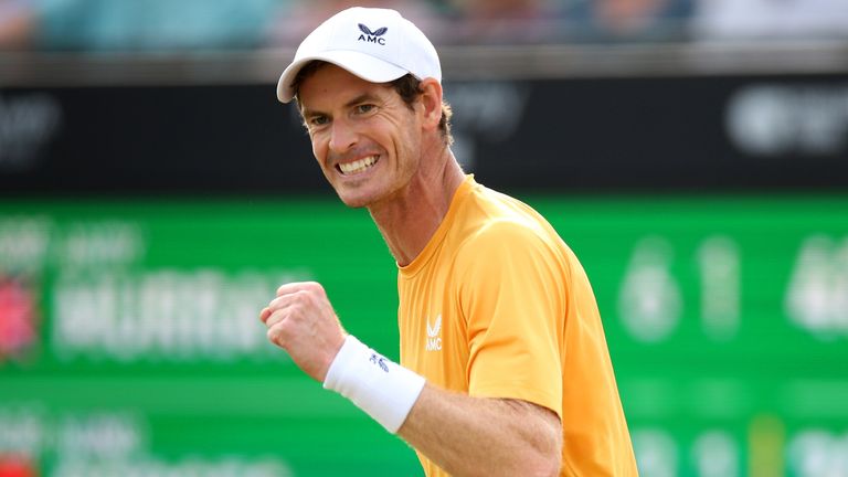 Great Britain's Andy Murray celebrates winning a point during his match against Portugal's Nuno Borges during day six of the Rothesay Open 2023 at the Nottingham Tennis Centre. Picture date: Saturday June 17, 2023.