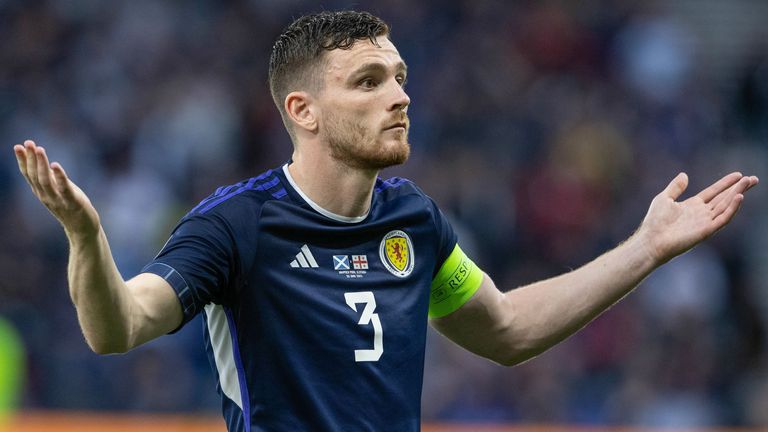 GLASGOW, SCOTLAND - JUNE 20: Scotland&#39;s Andyr Robertson gestures as he waits on the game restarting during a UEFA Euro 2024 qualifier between Scotland and Georgia at Hampden Park, on June 20, 2023, in Glasgow, Scotland. (Photo by Alan Harvey / SNS Group)