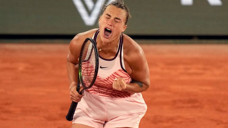 Aryna Sabalenka of Belarus celebrates after beating Sloane Stephens of the U.S. during their fourth round match of the French Open tennis tournament at the Roland Garros stadium in Paris, Sunday, June 4, 2023. (AP Photo/Thibault Camus)