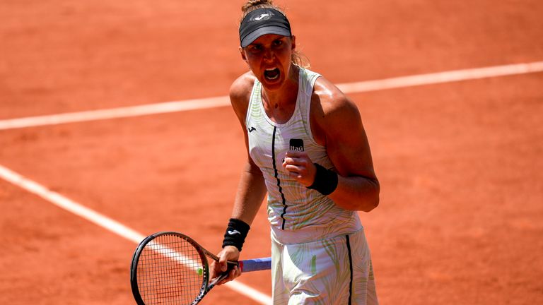 Brazil&#39;s Beatriz Haddad Maia celebrates reaching match point against Tunisia&#39;s Ons Jabeur during their quarterfinal match of the French Open tennis tournament at the Roland Garros stadium in Paris, Wednesday, June 7, 2023. (AP Photo/Thibault Camus)