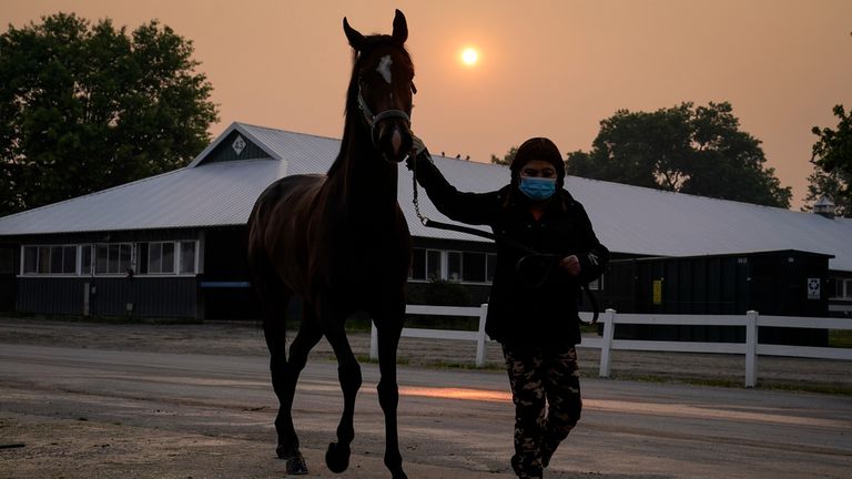 A handler wears a mask as she leads a horse back into the stables as the sun is obscured by haze caused by northern wildfires