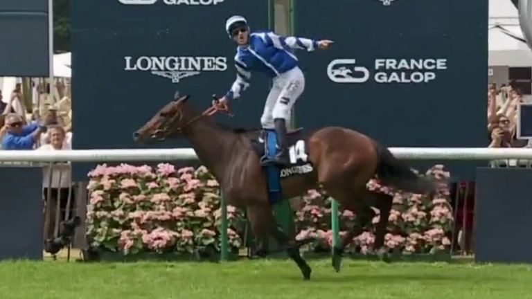 Blue Rose Cen crosses the line well clear of her rivals in the Prix de Diane