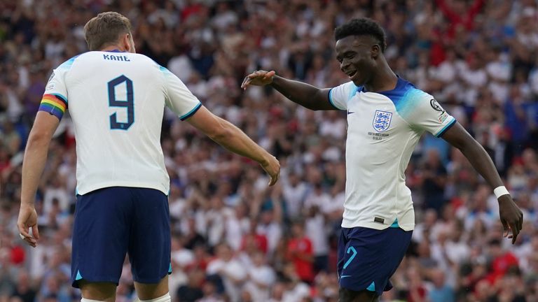 England's Bukayo Saka (right) celebrates with Harry Kane vs North Macedonia