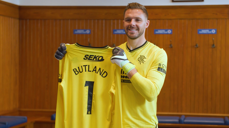 Jack Butland es de los Rangers  tercer fichaje de verano tras llegar a un acuerdo hasta el verano de 2027 (Crédito: Rangers)