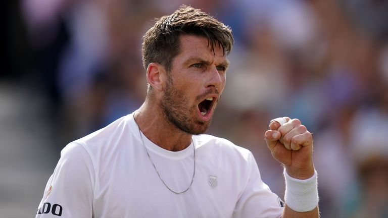 Great Britain's Cameron Norrie reacts during his second round Men's Singles match against Australia's Jordan Thompson on day three of the 2023 cinch Championships at The Queen's Club, London.