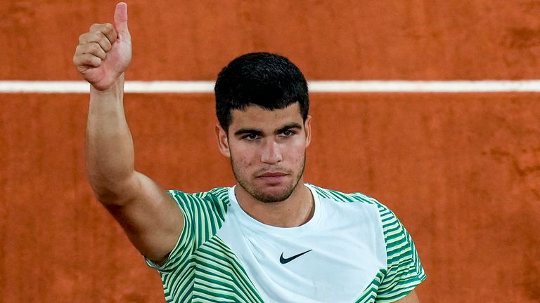 Spain&#39;s Carlos Alcaraz celebrates after winning the third round match of the French Open tennis tournament against Canada&#39;s Denis Shapovalov in three sets, 6-1, 6-4, 6-2, at the Roland Garros stadium in Paris, Friday, June 2, 2023. (AP Photo/Christophe Ena)