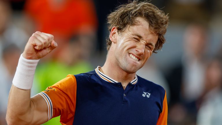 Norway's Casper Ruud celebrates winning his quarterfinal match in the French Open