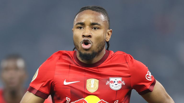 Leipzig's Christopher Nkunku celebrates after scoring his side's opening goal during the German soccer cup, DFB Pokal, final match between RB Leipzig and Eintracht Frankfurt at Olympiastadion in Berlin, Germany, Saturday, June 3, 2023. (AP Photo/Andreas Gora)