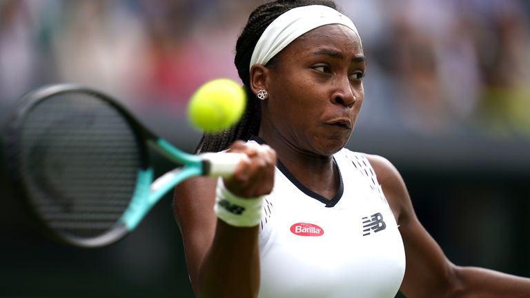 Coco Gauff in action against Amanda Anisimova during day six of the 2022 Wimbledon Championships at the All England Lawn Tennis and Croquet Club, Wimbledon. Picture date: Saturday July 2, 2022.