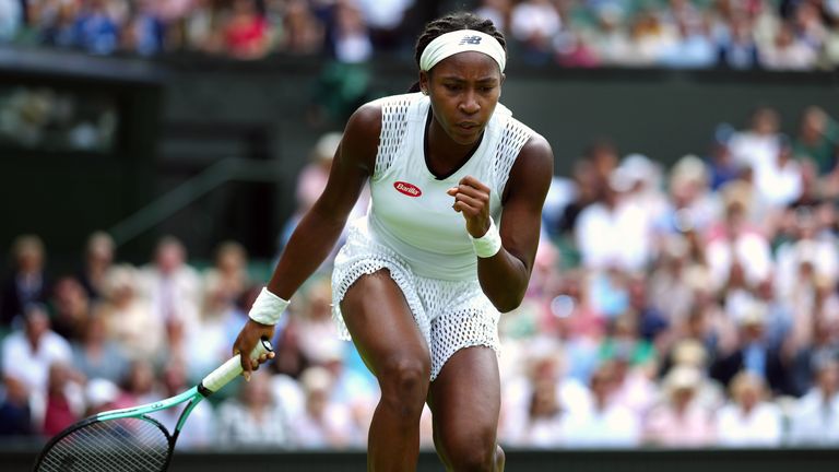 Coco Gauff reacts to a tie-break against Amanda Anisimova during day six of the 2022 Wimbledon Championships at the All England Lawn Tennis and Croquet Club, Wimbledon. Picture date: Saturday July 2, 2022.
