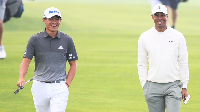 LA JOLLA, CA - JANUARY 24: Collin Morikawa and Tiger Woods joke as they walk up the 4th hole on the South Course during the second round of the Farmers Insurance Open golf tournament at Torrey Pines Municipal Golf Course on January 24, 2020. (Photo by Brian Rothmuller/Icon Sportswire) (Icon Sportswire via AP Images)