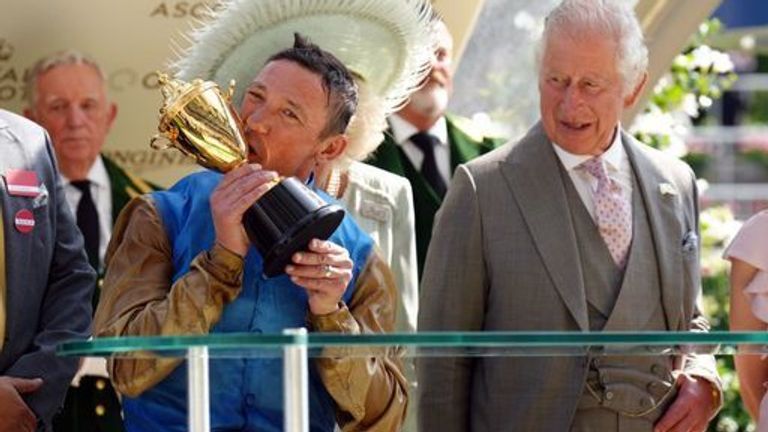 Frankie Dettori lifts the Gold Cup, presented by King Charles III