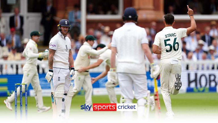 Ben Stokes is caught by Cameron Green off the bowling of Mitchell Starc off just the second delivery of day three of the second Ashes Test at Lord's.