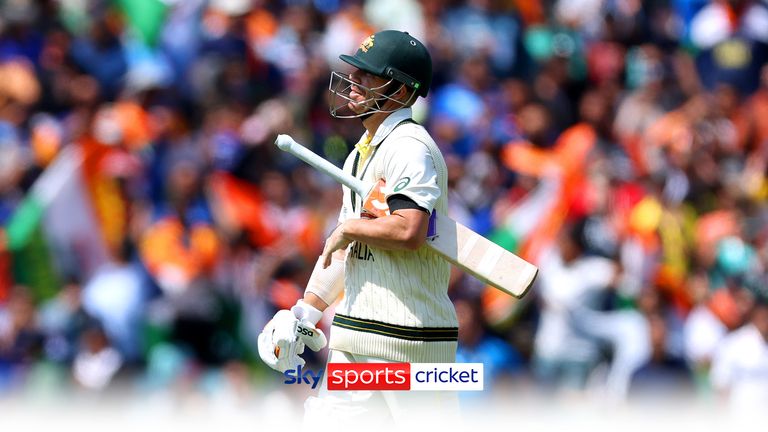 David Warner de Australia se enamora de 43 justo antes del almuerzo en el primer día de la final del Campeonato Mundial de Pruebas contra India.