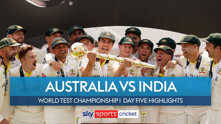 Australia&#39;s Pat Cummins and team mates celebrate with their trophy following victory over India during day five of the ICC World Test Championship Final match at The Oval, London. Picture date: Sunday June 11, 2023.
