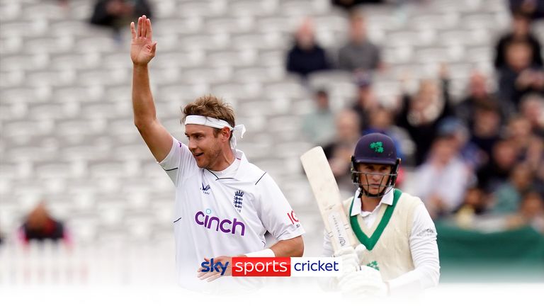 Stuart Broad takes England&#39;s first wicket of the summer, trapping Ireland&#39;s opening batter, PJ Moor LBW for 10.