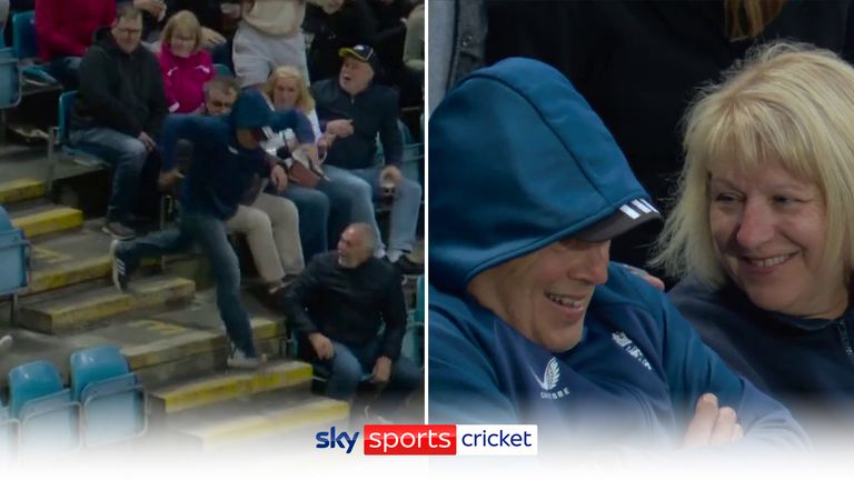 A fan at Headingley took a tumble after dropping a crowd catch at the Yorkshire vs Lancashire match in the T20 Blast.