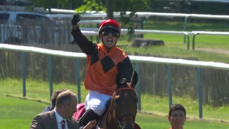 Cristian Demuro celebrates after Ace Impact's victory at Chantilly