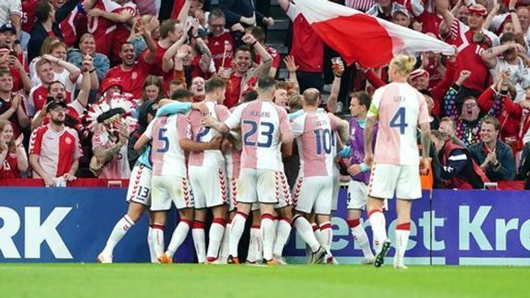Denmark players celebrate after Jonas Wild struck the opener after 47 minutes