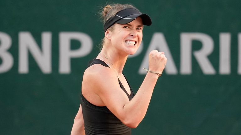 Ukraine&#39;s Elina Svitolina reacts during her fourth round match of the French Open tennis tournament against Russia&#39;s Daria Kasatkina at the Roland Garros stadium in Paris, Sunday, June 4, 2023. (AP Photo/Christophe Ena)
