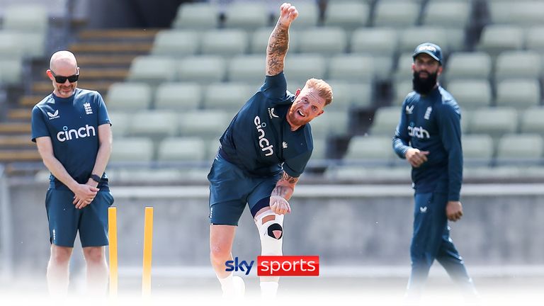 England captain Ben Stokes bowls with heavy strapping