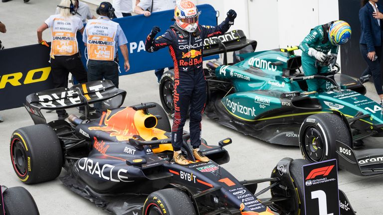 Max Verstappen celebrates his Canadian GP win - Red Bull's 100th in F1