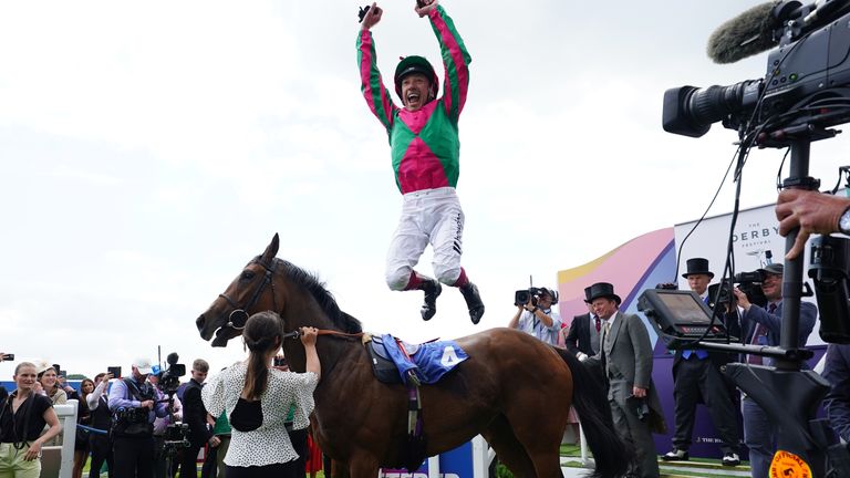A Frankie Dettori flying dismount following victory on Prosperous Voyage