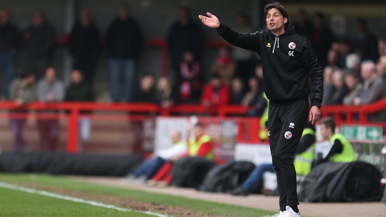 Crawley Town manager Gabriele Cioffi gestures on the touchline during the Sky Bet League Two match at The People&#39;s Pension Stadium, Crawley.