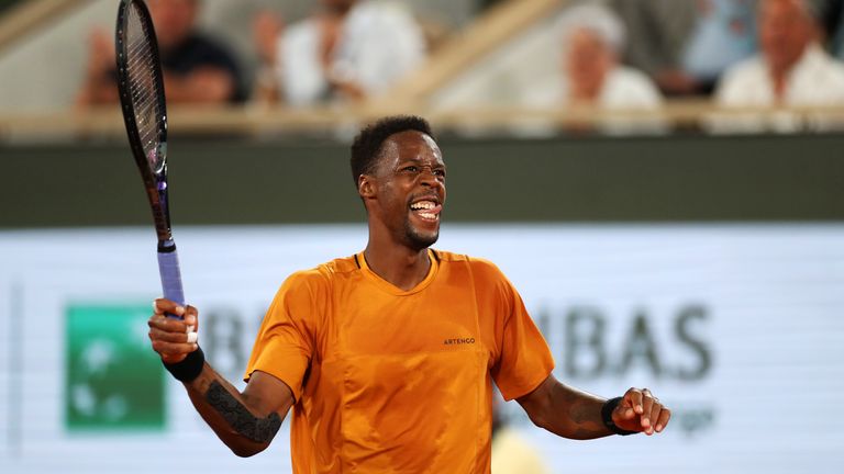 Gael Monfils of France celebrates against Sebastian Baez of Argentina during their Men's Singles First Round Match on Day Three of the 2023 French Open at Roland Garros on May 30, 2023 in Paris, France. (Photo by Lewis Storey/Getty Images)