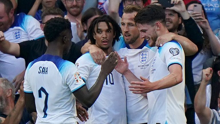 Harry Kane celebrates scoring for England vs North Macedonia