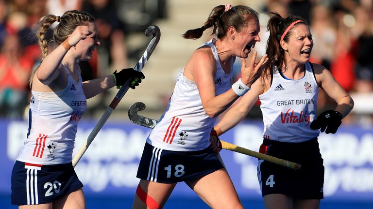 Great Britain's Hollie Pearne-Webb, Giselle Ansley and Laura Unsworth (left-right) celebrate the goal of team mate Hannah Martin (not pictured)