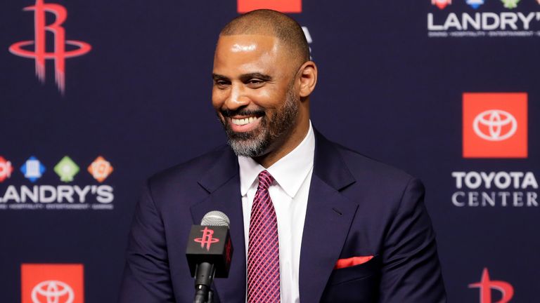 New Houston Rockets new head coach Ime Udoka is all smiles during his introductory press conference at the Toyota Center