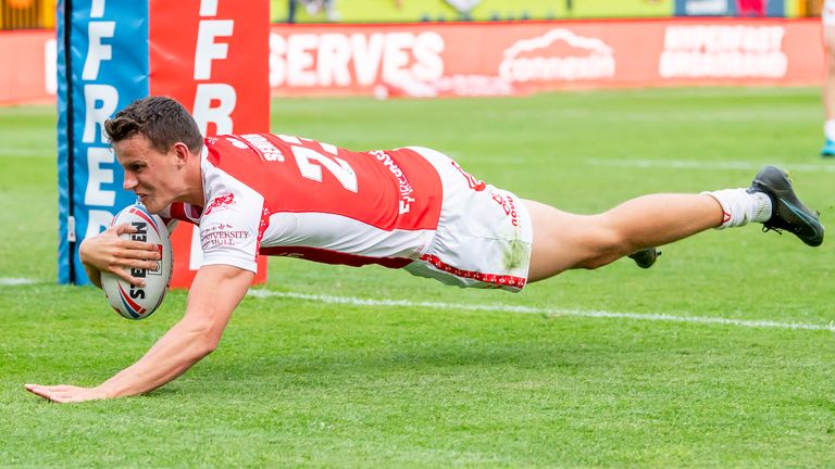 Hull KR's Louis Senior breaks free to score a try against Wakefield.