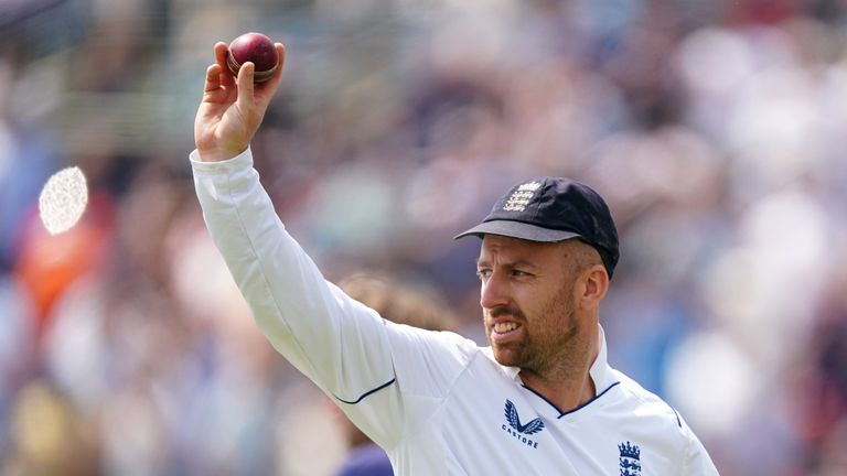 England&#39;s Jack Leach celebrates with a 5 wicket ball during day two of the third LV= Insurance Test Series Match at Emerald Headingley Stadium, Leeds. Picture date: Friday June 24, 2022.