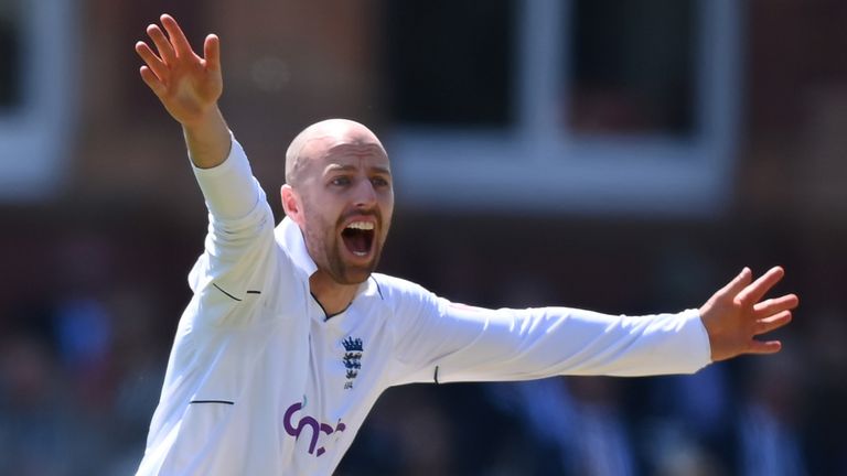 Jack Leach appeals to the umpire as he claims a wicket on day one of England's Test against Ireland at Lord's
