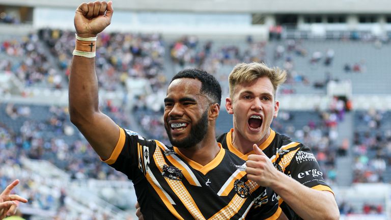 Picture by Paul Currie/SWpix.com - 03/06/2023 - Rugby League - Betfred Super League Magic Weekend - Leeds Rhinos v Castleford Tigers - St. James&#39; Park, Newcastle, England - Castleford Tigers&#39; Jason Qareqare celebrates scoring the 5th try