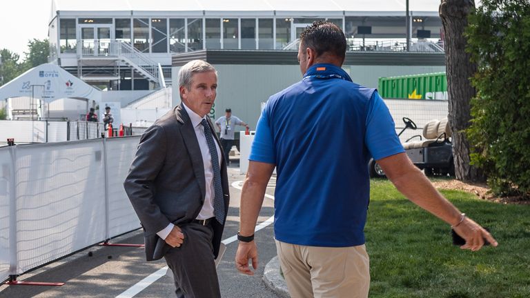 Jay Monahan, Commissioner of the PGA TOUR, arrives to a players meeting prior to the RBC Canadian Open at Oakdale Golf & Country Club on June 06, 2023 in Toronto, Ontario. 