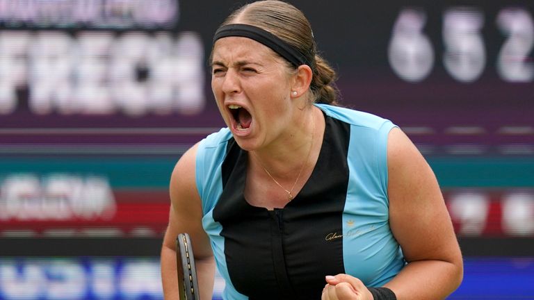 Jelena Ostapenko celebrates winning against Magdalena Frech in the women&#39;s singles quarter final on day five of the Rothesay Classic Birmingham at Edgbaston Priory Club. Picture date: Friday June 23, 2023.