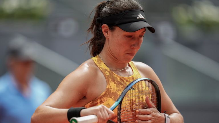 Jessica Pegula of the U.S. reacts against Russia's Veronika Kudermetova during their match at the Madrid Open tennis tournament in Madrid, Spain, Wednesday, May 3, 2023. (AP Photo/Manu Fernandez)