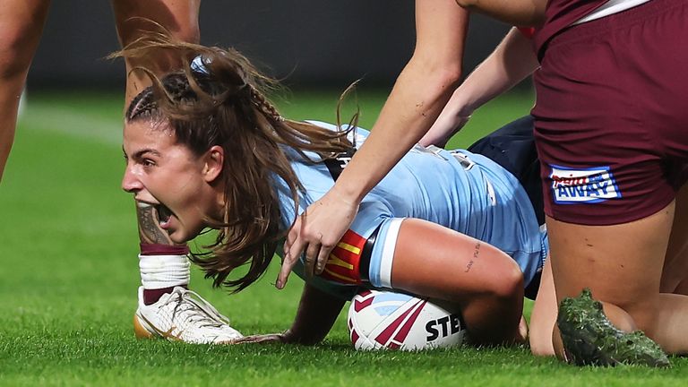 SYDNEY, AUSTRALIA - JUNE 01: Jessica Sergis of the Blues celebrates scoring a try during game one of the Women's State of Origin series between New South Wales and Queensland at CommBank Stadium on June 01, 2023 in Sydney, Australia. (Photo by Mark Kolbe/Getty Images)