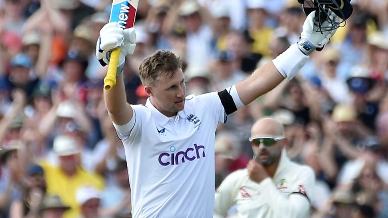 England&#39;s Joe Root celebrates making his 100 runs on day one of the first Ashes Test cricket match between England and Australia at Edgbaston, Birmingham, England, Friday, June 16, 2023. (AP Photo/Rui Vieira)