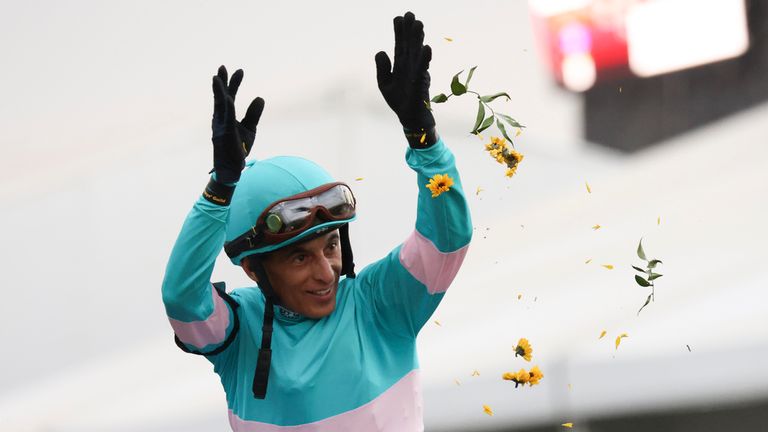John Velazquez, atop National Treasure, after winning the Preakness