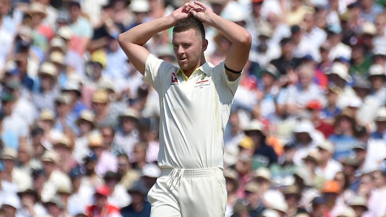 Australia's Josh Hazlewood reacts after bowling on day one of the first Ashes Test cricket match between England and Australia at Edgbaston, Birmingham, England, Friday, June 16, 2023. (AP Photo/Rui Vieira)