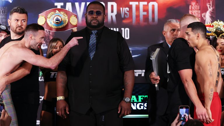 NEW YORK, NEW YORK - JUNE 09: Josh Taylor (L) and Teofimo Lopez (R) face-off during the weigh in prior to their June 10 WBO junior welterweight championship fight at The Hulu Theater at Madison Square Garden on June 09, 2023 in New York City. (Photo by Mikey Williams/Top Rank Inc via Getty Images)