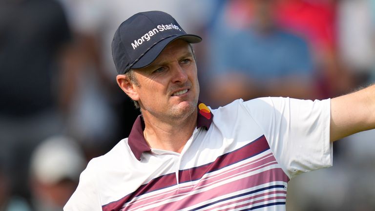 Justin Rose, of England, watches his tee shot on the 14th hole during the final round of the PGA Championship golf tournament at Oak Hill Country Club on Sunday, May 21, 2023, in Pittsford, N.Y. (AP Photo/Seth Wenig)