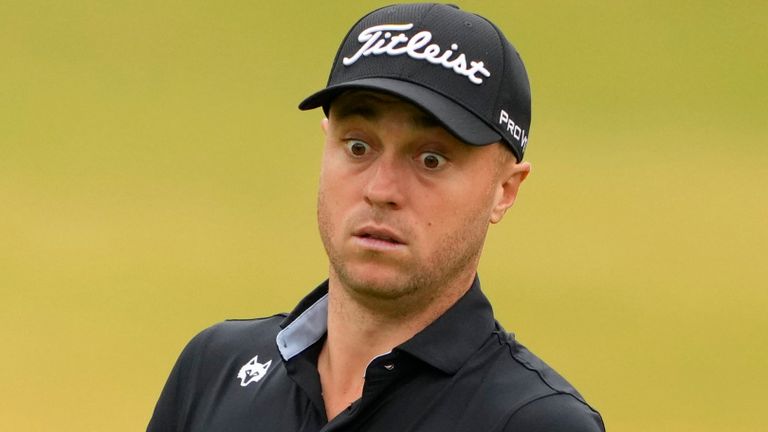 Justin Thomas reacts after missing a putt on the sixth hole during the first round of the U.S. Open golf tournament at Los Angeles Country Club on Thursday, June 15, 2023, in Los Angeles. (AP Photo/Lindsey Wasson) 